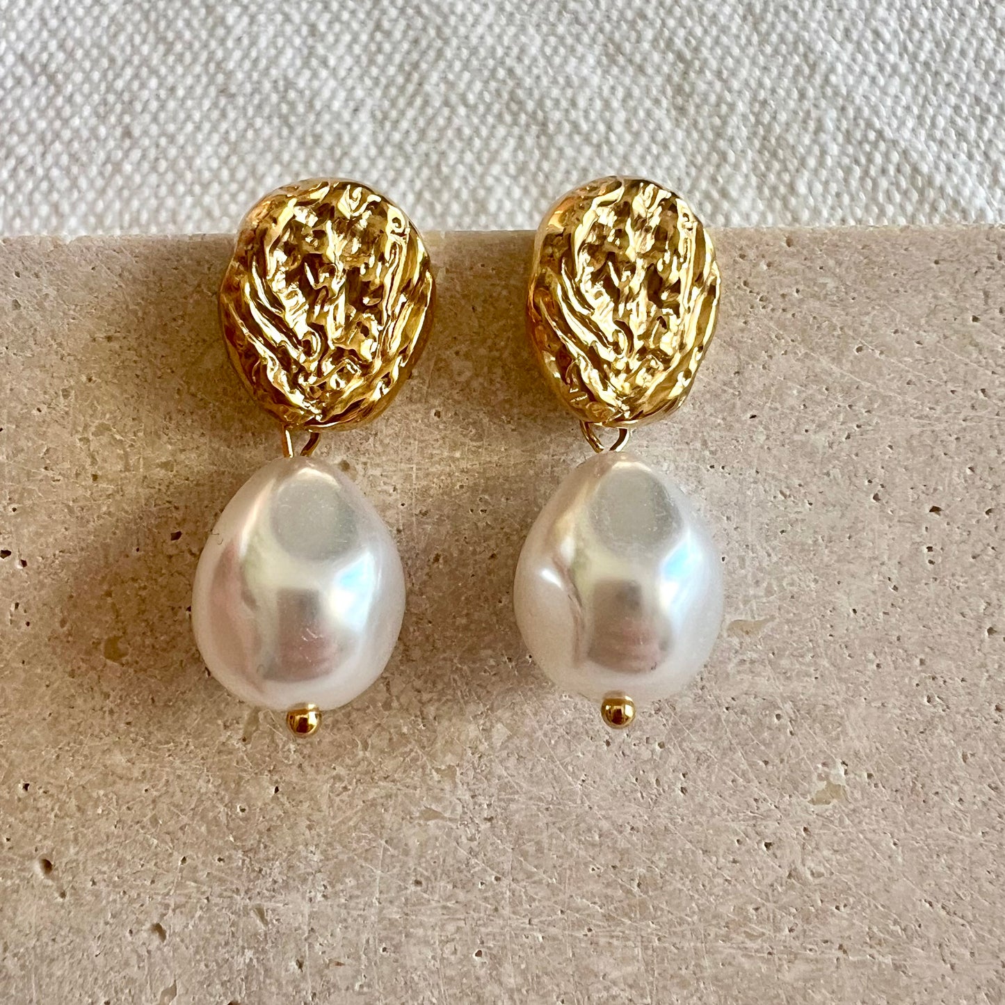 Hammered Gold Pearl Earrings