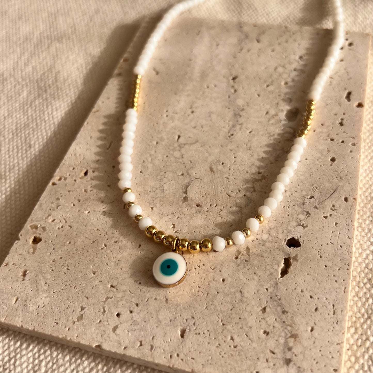 White Beaded Evil Eye Necklace