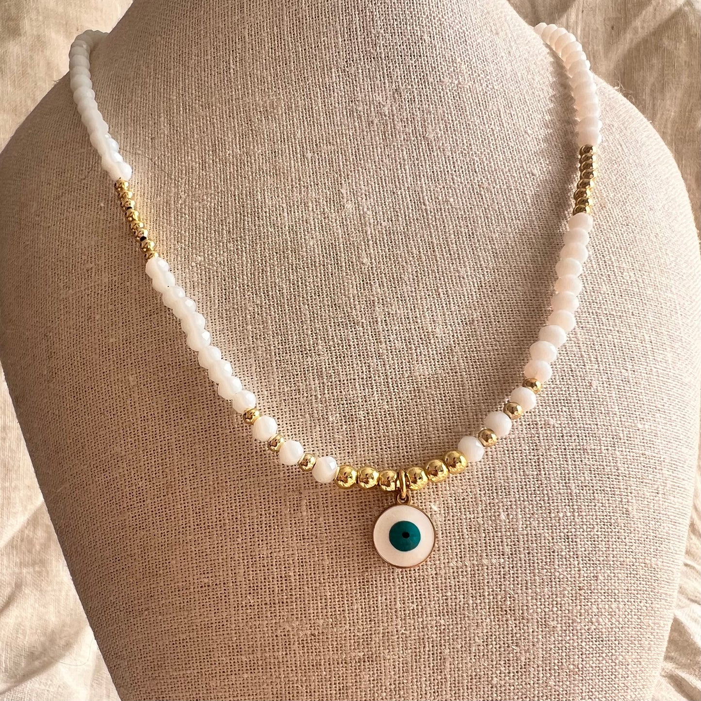 White Beaded Evil Eye Necklace